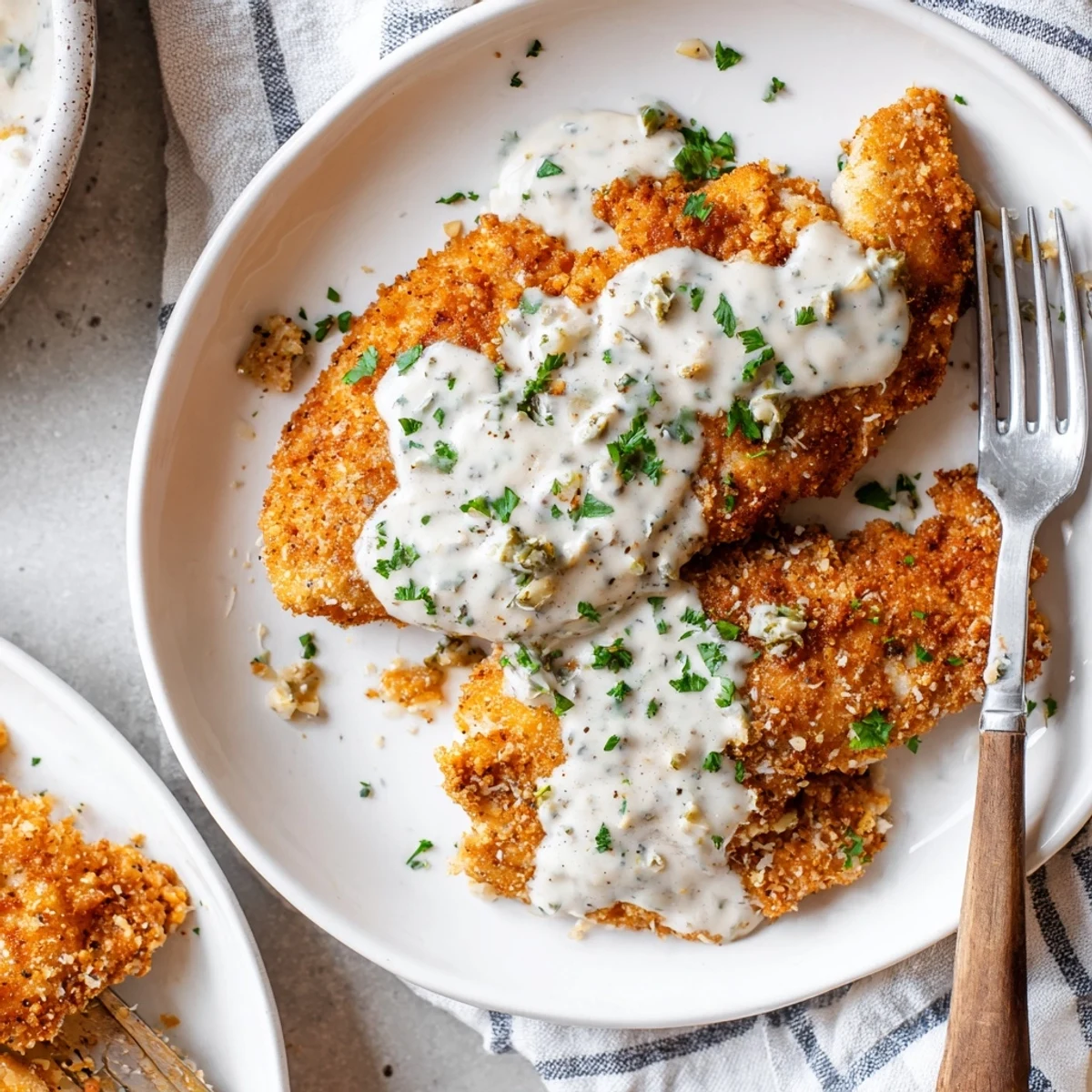 Homemade crispy chicken smothered in creamy garlic sauce served for a hearty family dinner