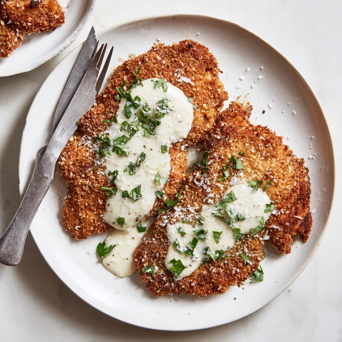 Juicy pan-fried chicken in crunchy breading topped with rich Parmesan cream sauce on white plate