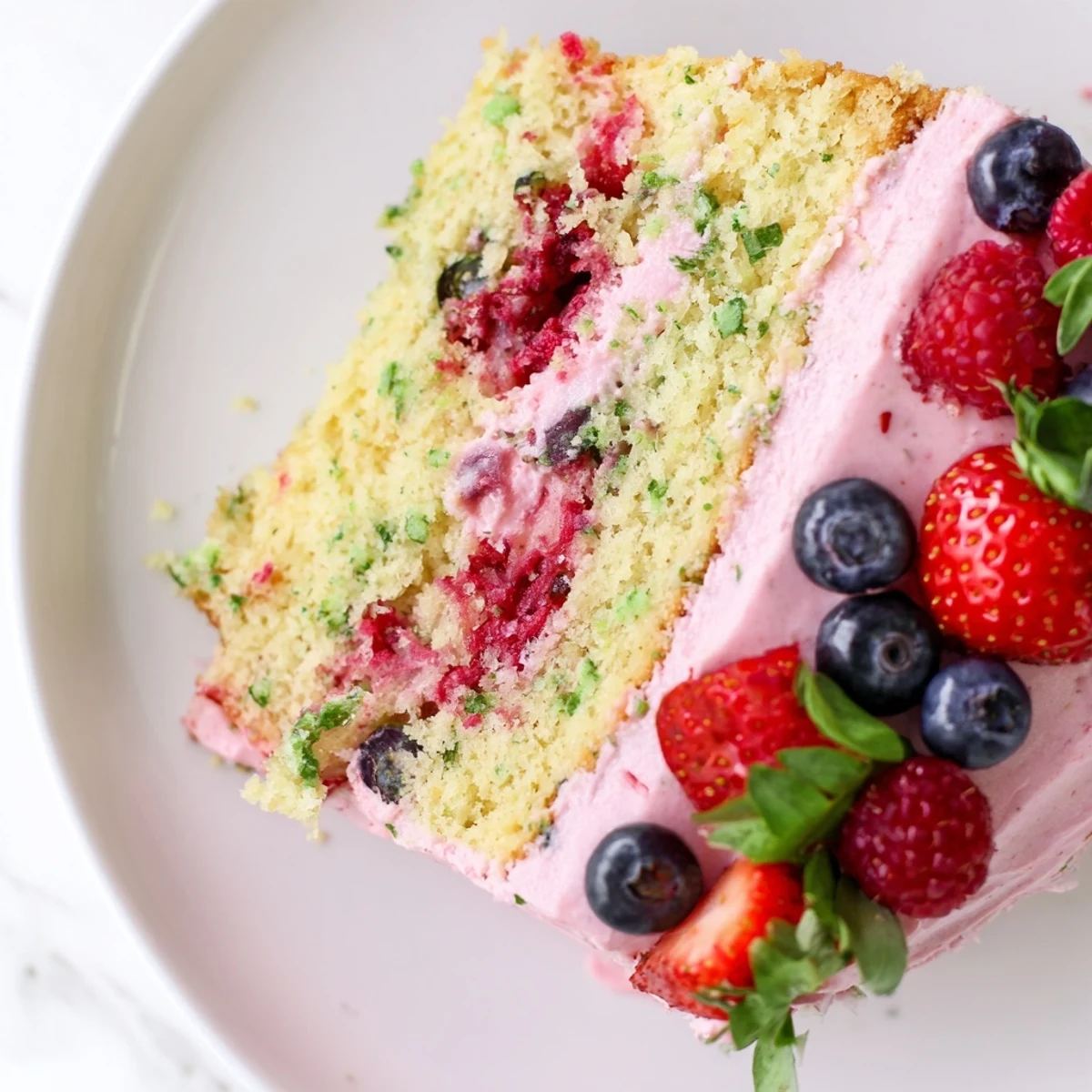 Slice of basil berry cake revealing colorful mixed berries flecked throughout the tender crumb