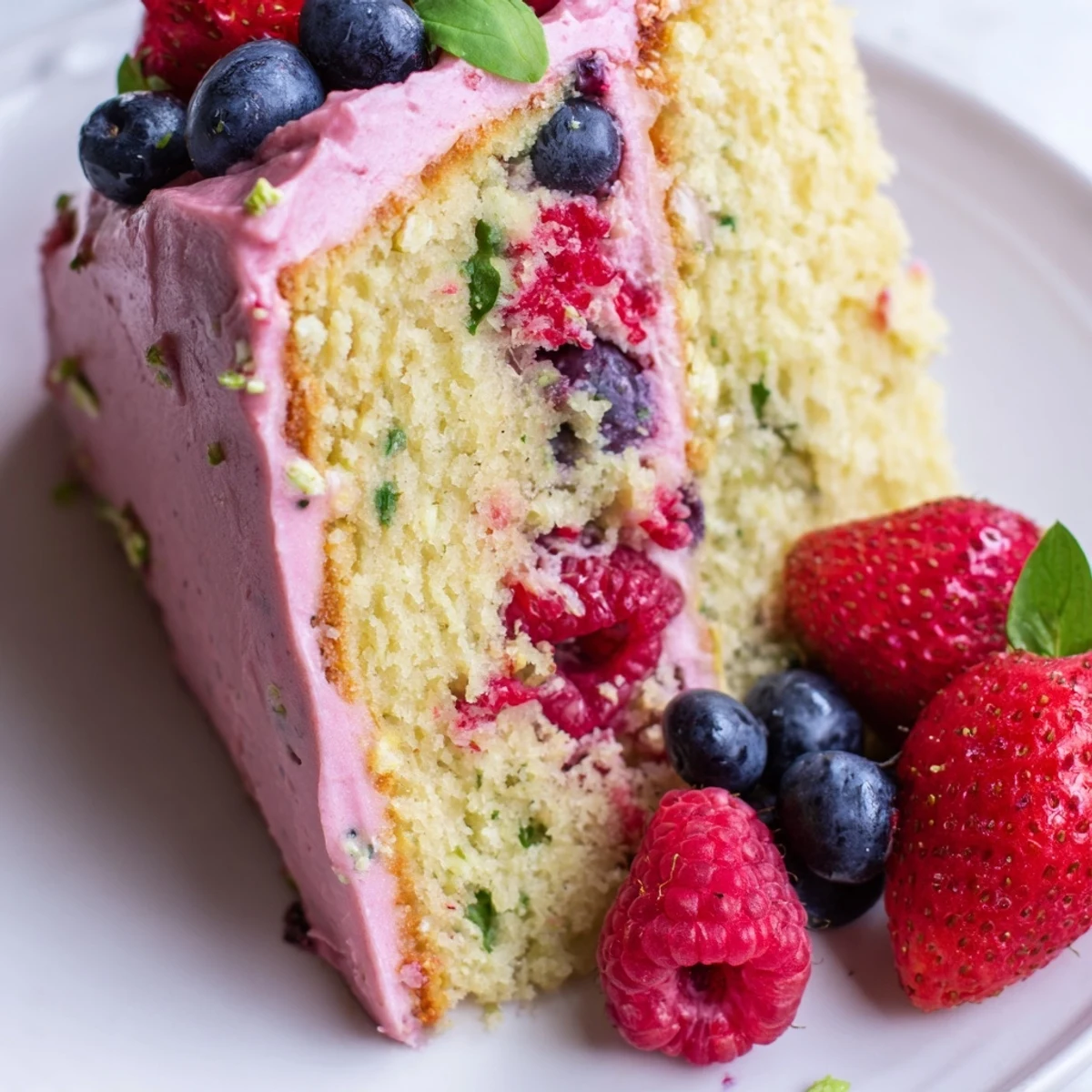 Frosted basil berry cake decorated with fresh strawberries and green basil leaves