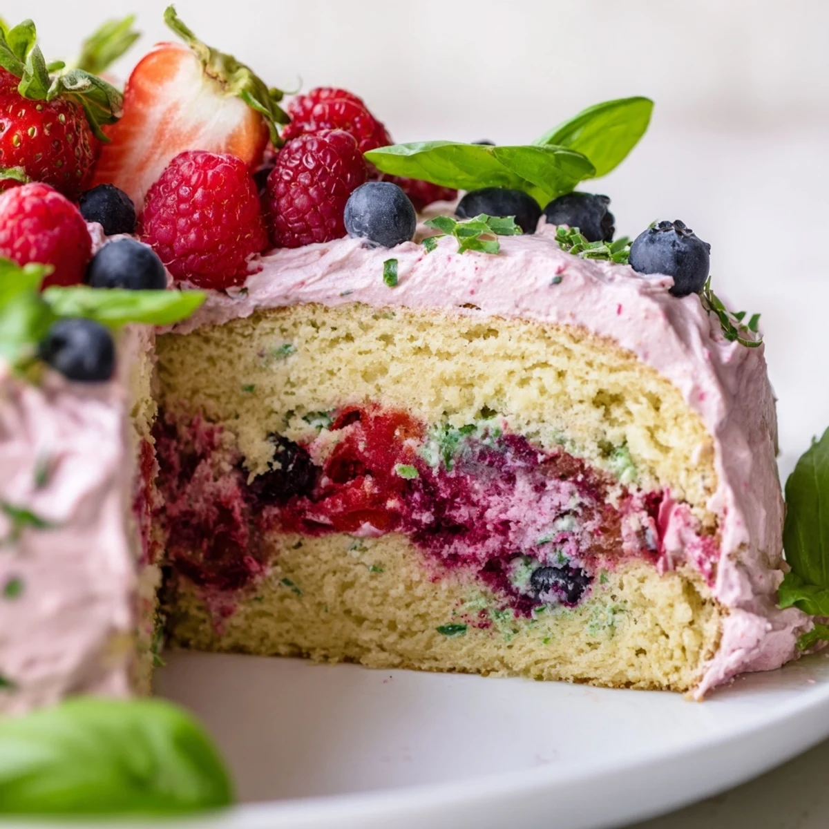 Homemade basil berry cake topped with creamy basil frosting and fresh berry garnish