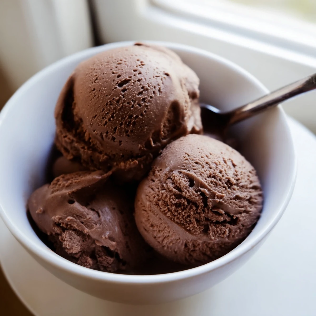 Rich chocolate sourdough ice cream being scooped from a chilled container showing its smooth velvety texture