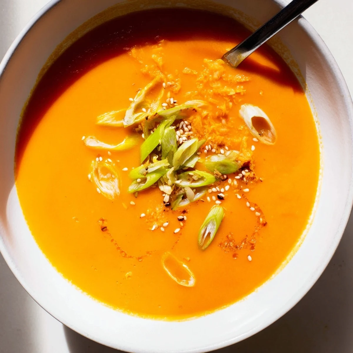 A rustic Carrot Ginger Miso Soup Recipe garnished with scallions, nutty sesame.