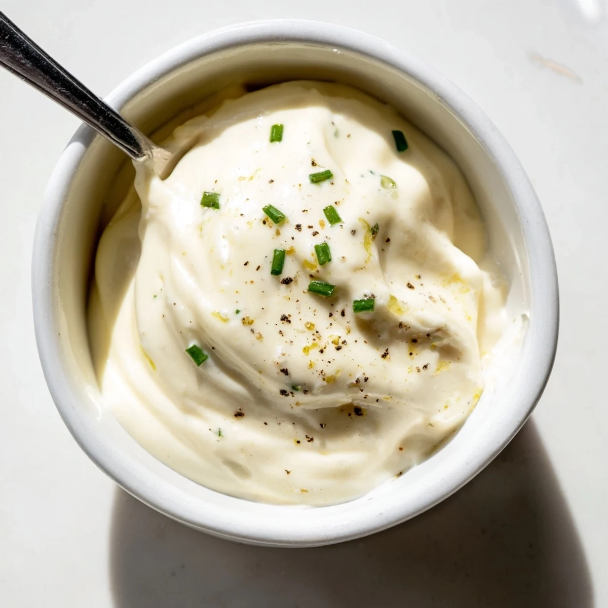Whisked Creamy Tangy Sauce resting beside herbs, velvety and ready for sandwiches.