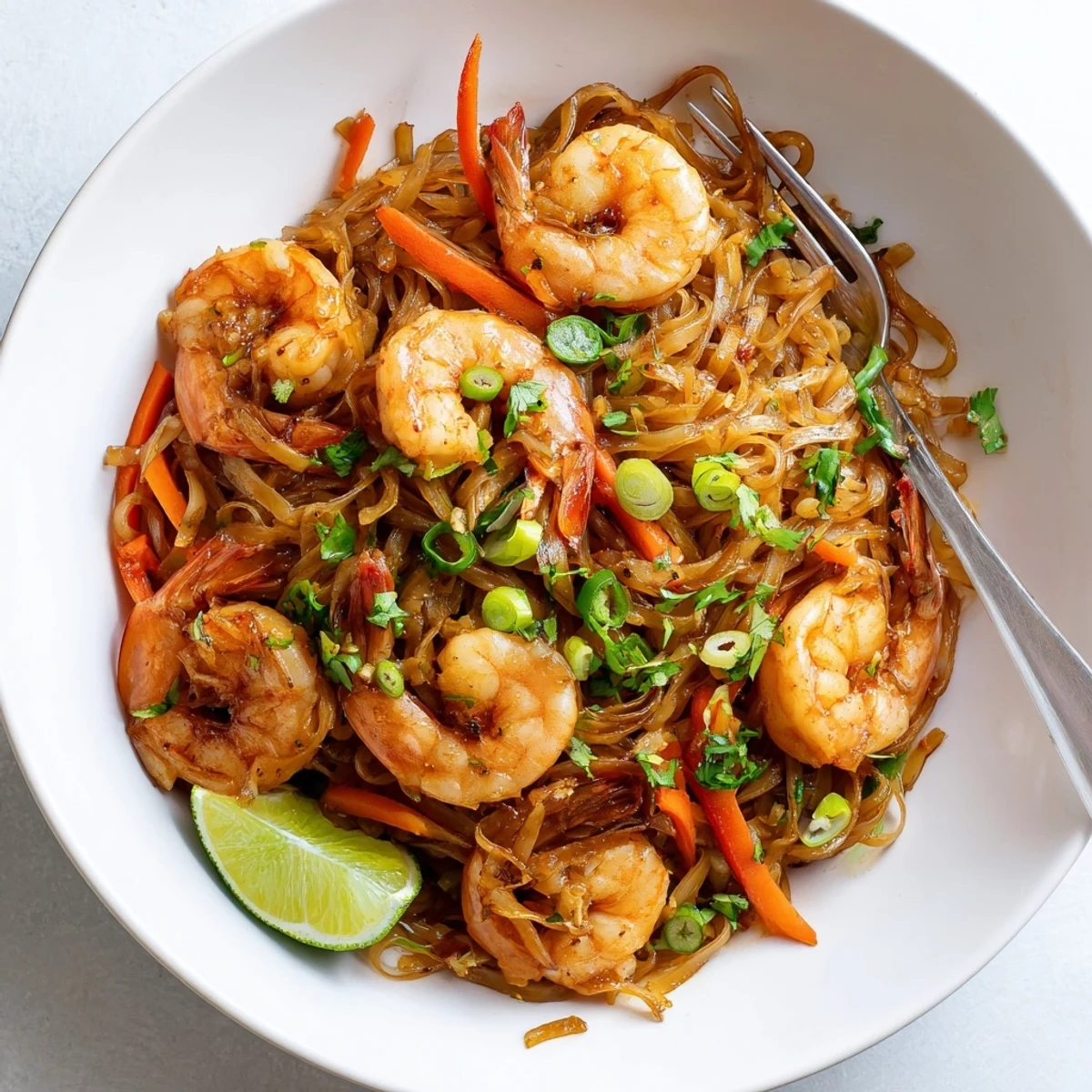 Spicy Garlic Shrimp Noodles Recipe with glossy sauce, cilantro, lime wedge