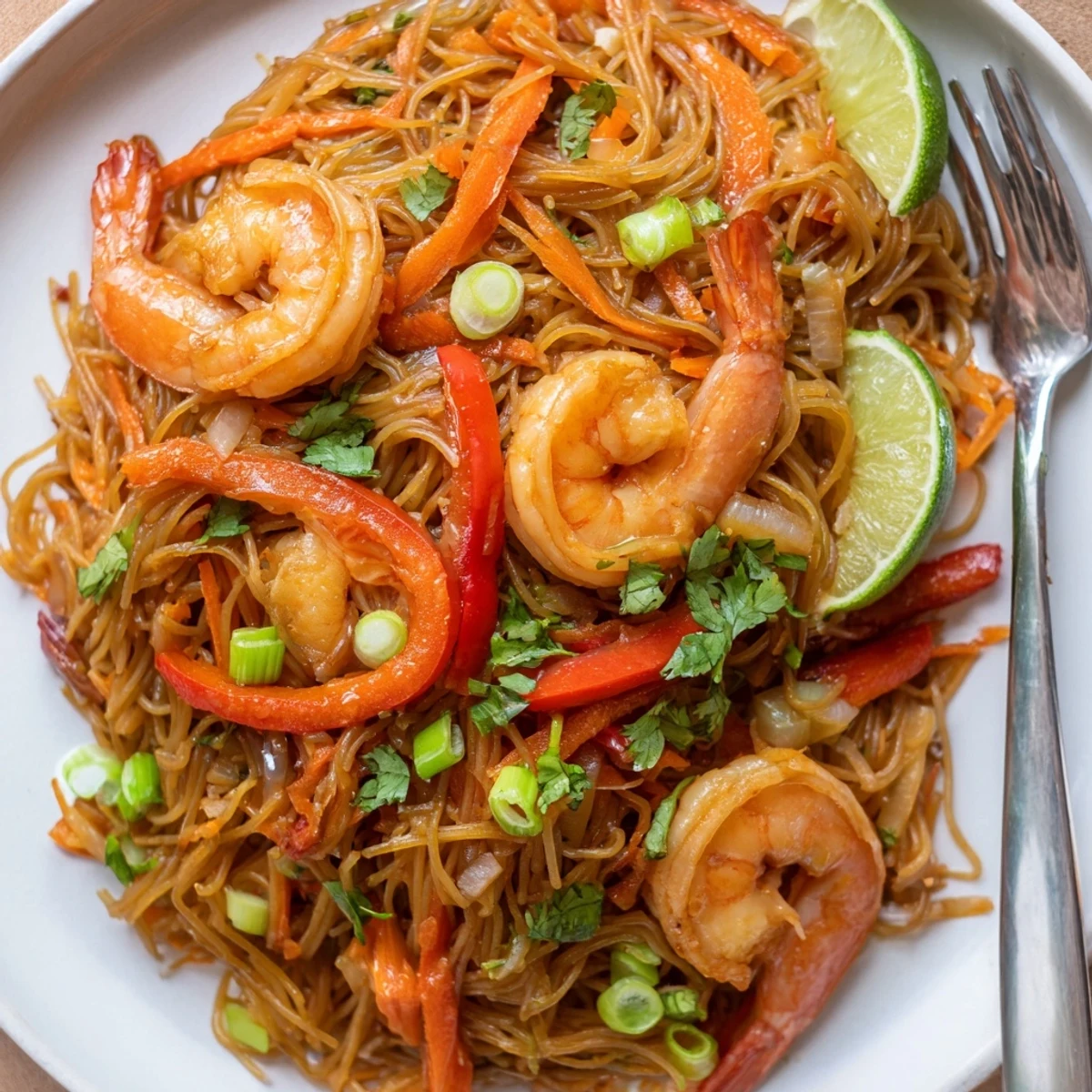 Weeknight ready Spicy Garlic Shrimp Noodles Recipe plated with crisp bell pepper