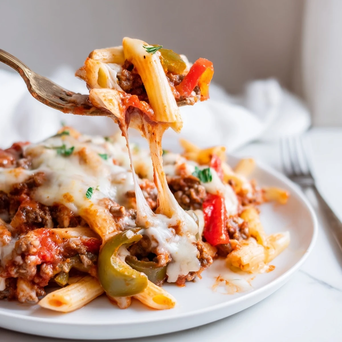 Cheesy Stuffed Pepper Skillet Pasta bubbling with melted cheese and roasted peppers