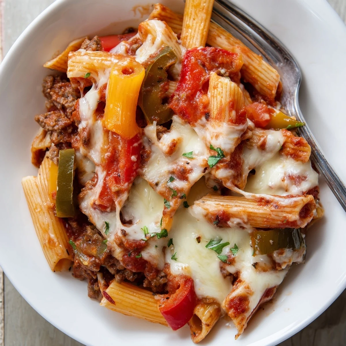 Hot Cheesy Stuffed Pepper Skillet Pasta steaming, garnished with fresh parsley