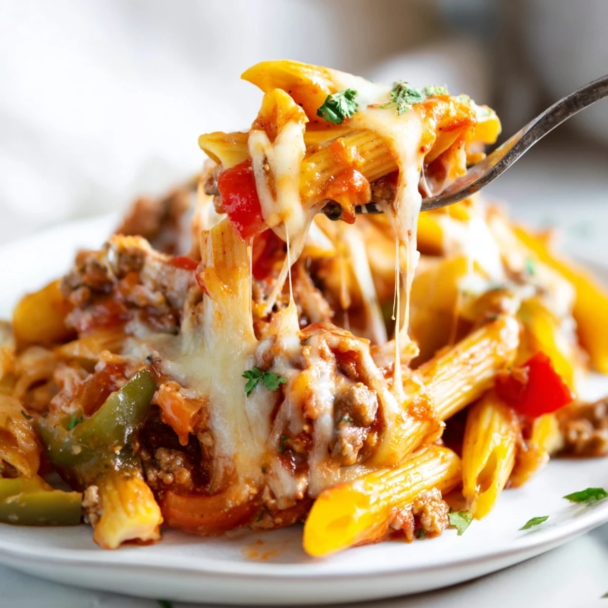Weeknight favorite Cheesy Stuffed Pepper Skillet Pasta with gooey cheese, savory meat