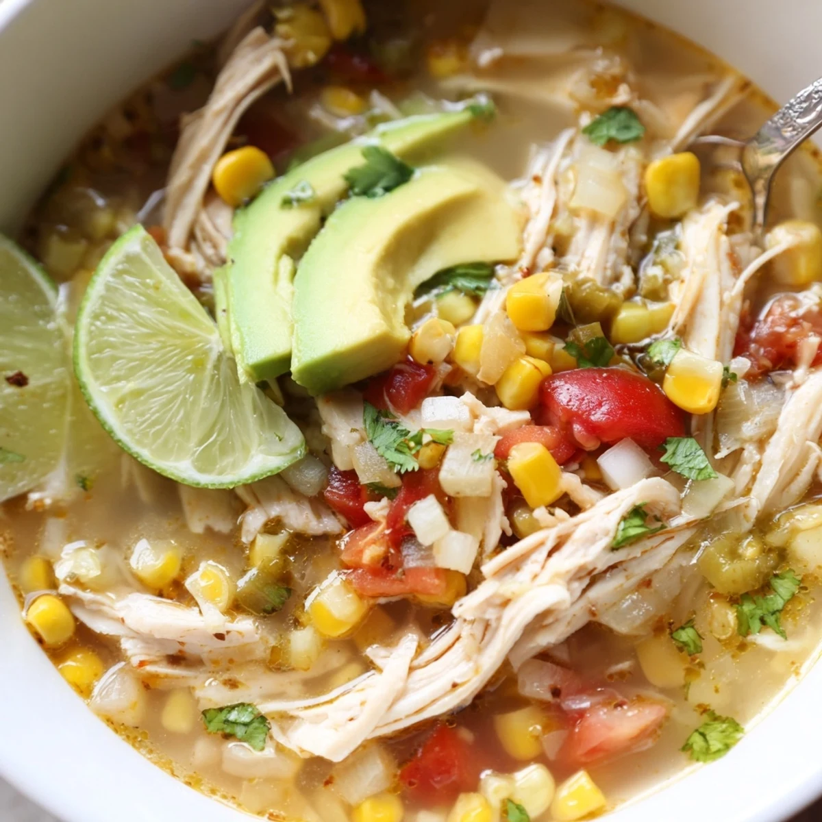 Hearty Bold Zesty Chicken Lime Soup Recipe with shredded chicken and lime wedges