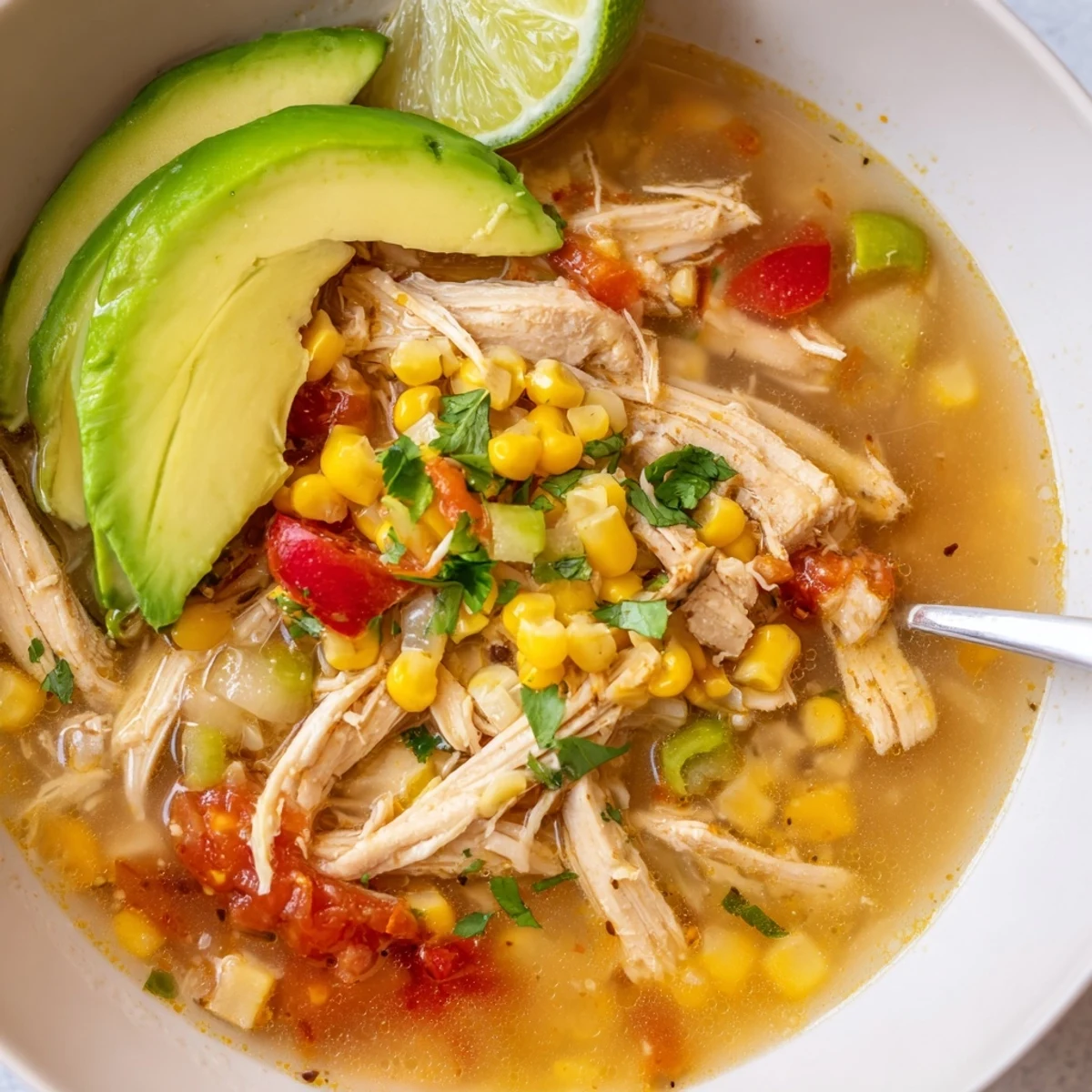 Bowl of Bold Zesty Chicken Lime Soup Recipe steaming, cilantro and avocado garnish