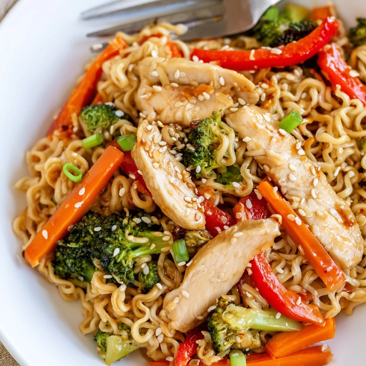 Chicken Ramen Stir Fry with glossy sesame sauce, tender chicken and crisp vegetables