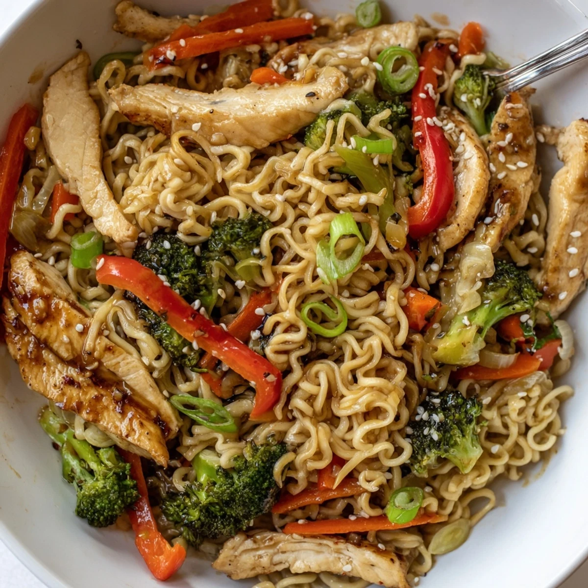 Easy weeknight Chicken Ramen Stir Fry garnished with sesame seeds and lime