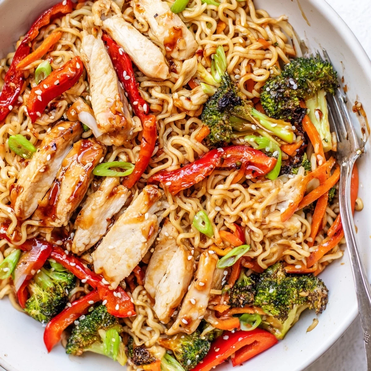 Skillet Chicken Ramen Stir Fry steaming, bouncy noodles tossed with scallions