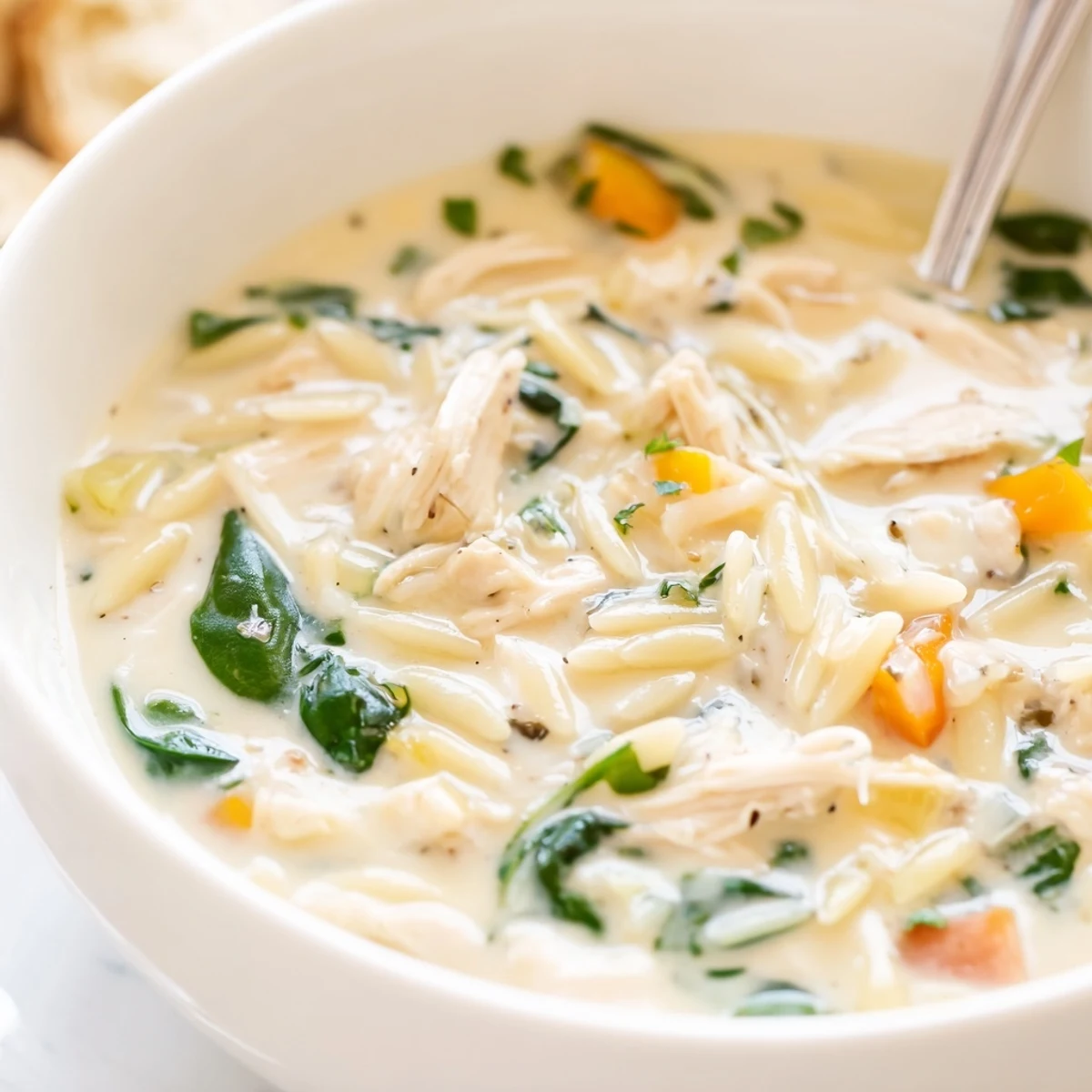 Creamy Chicken Florentine Soup With Orzo steaming in bowl, tender chicken, wilted spinach