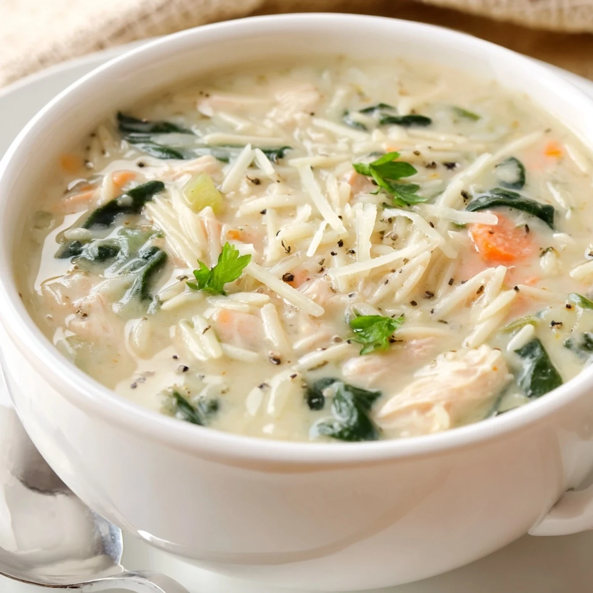 Bowl of Creamy Chicken Florentine Soup With Orzo, silky broth, nutmeg aroma