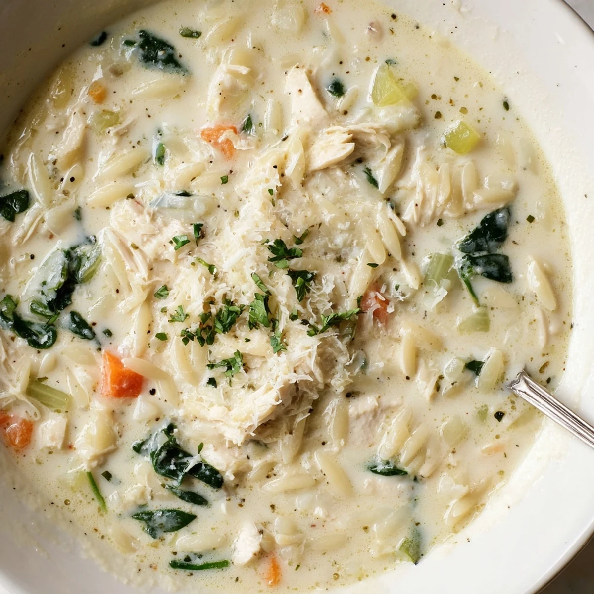 Warm Creamy Chicken Florentine Soup With Orzo ladled over crusty bread