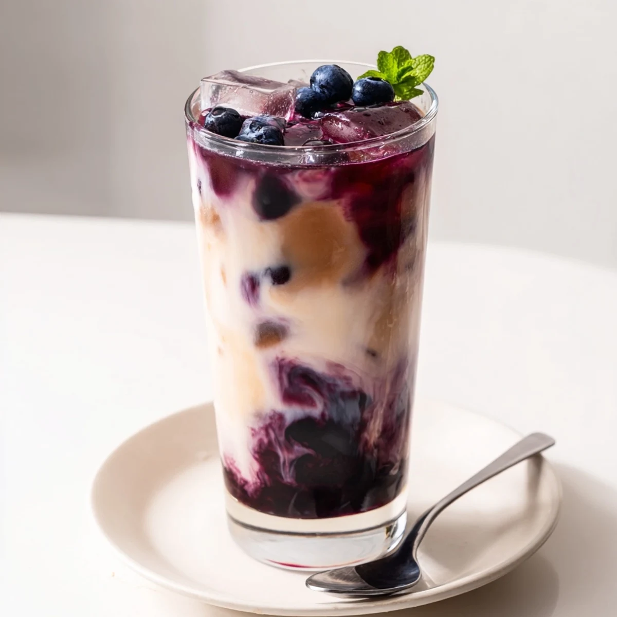 Blueberry Milk Tea Cooler in tall glass with ice, frothy milk swirl.