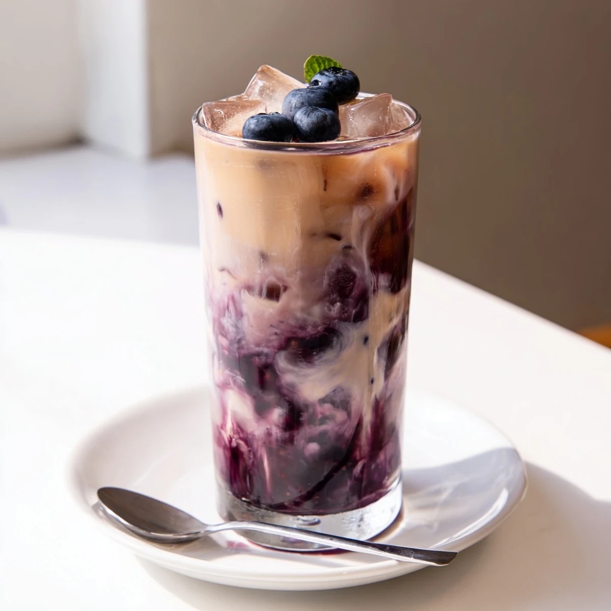 Creamy Blueberry Milk Tea Cooler served with straw, bright syrup pooling.