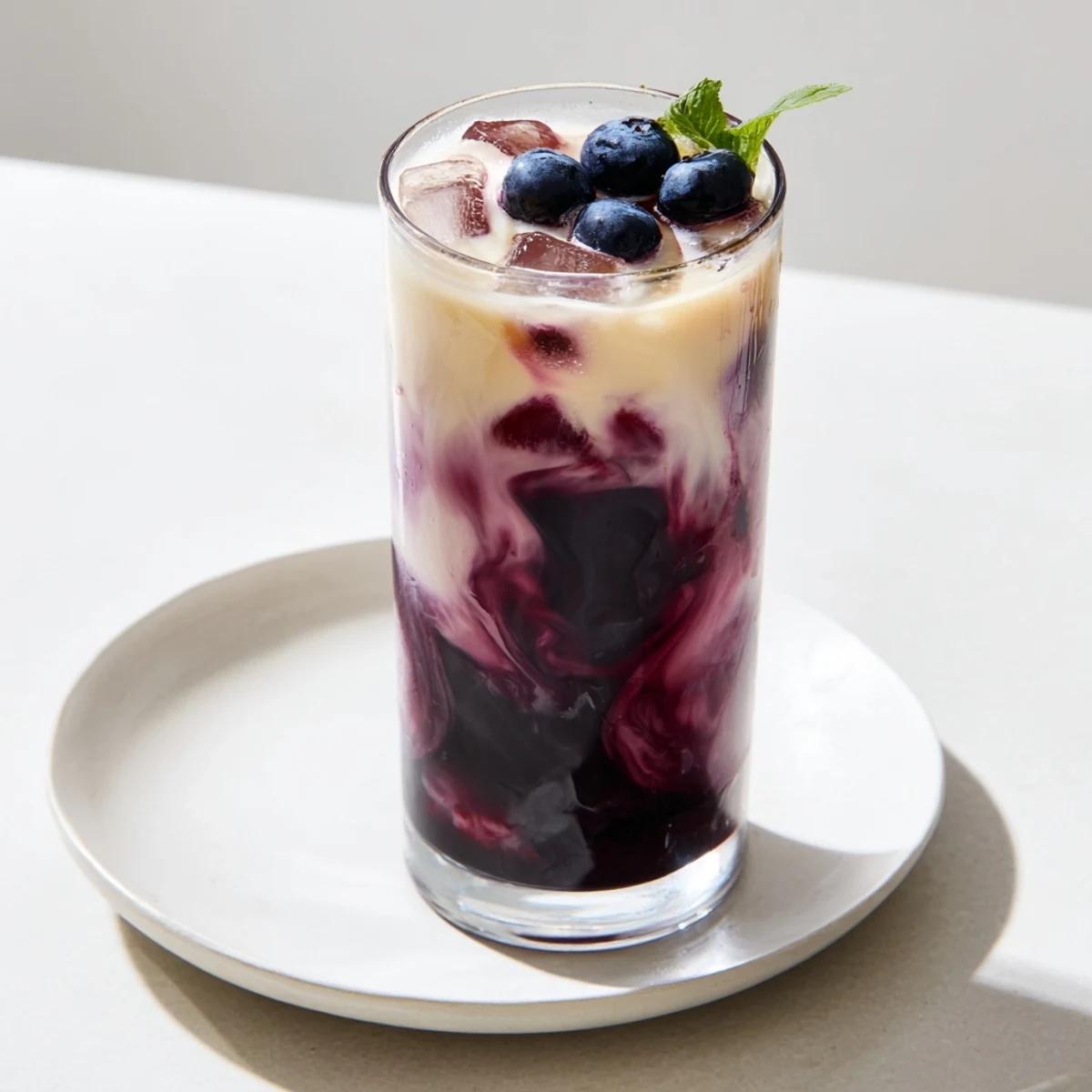 Chilled Blueberry Milk Tea Cooler garnished with fresh blueberries and mint.