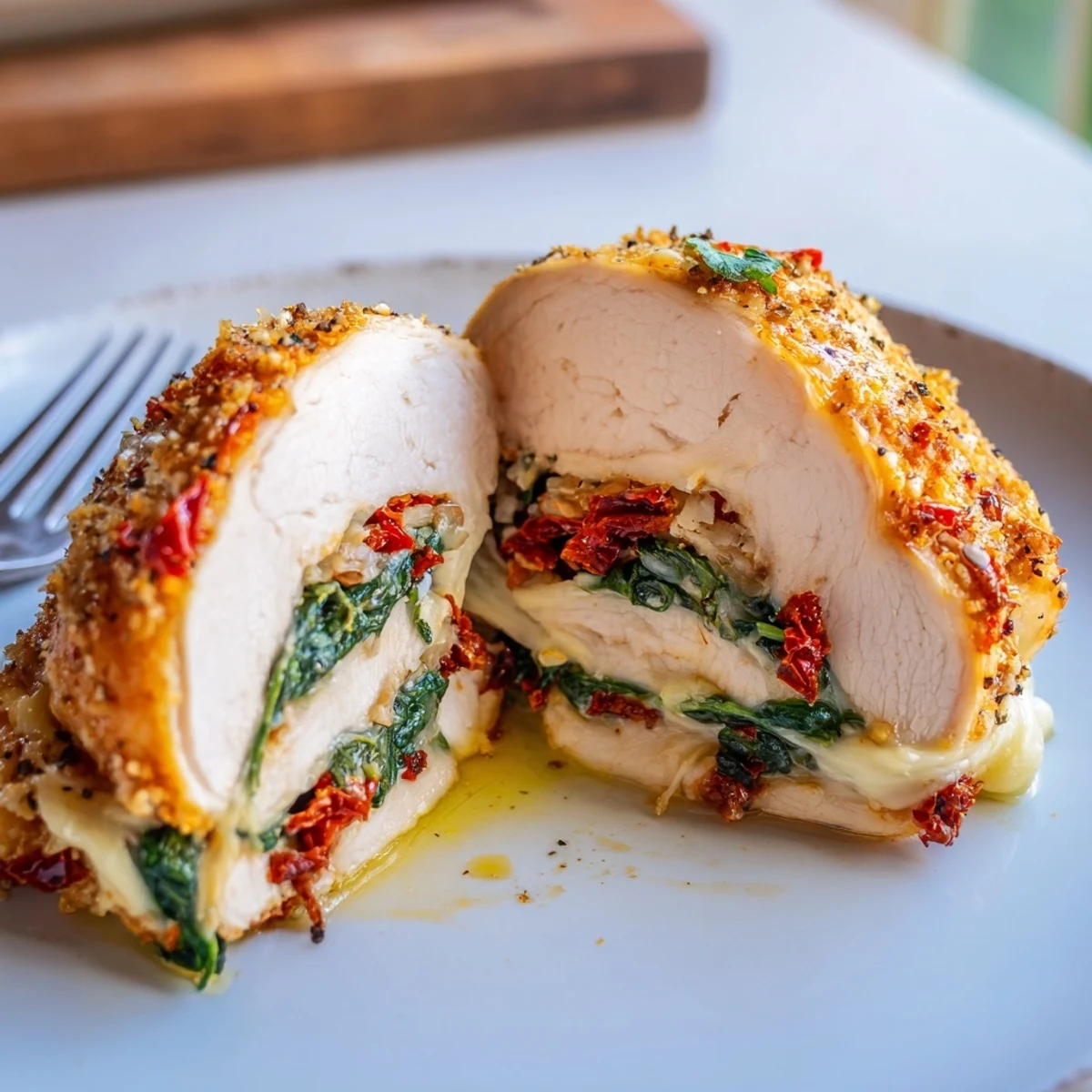 Cheesy Spinach Stuffed Chicken Sun Dried Tomato Flavor seared golden, oozing melty cheese