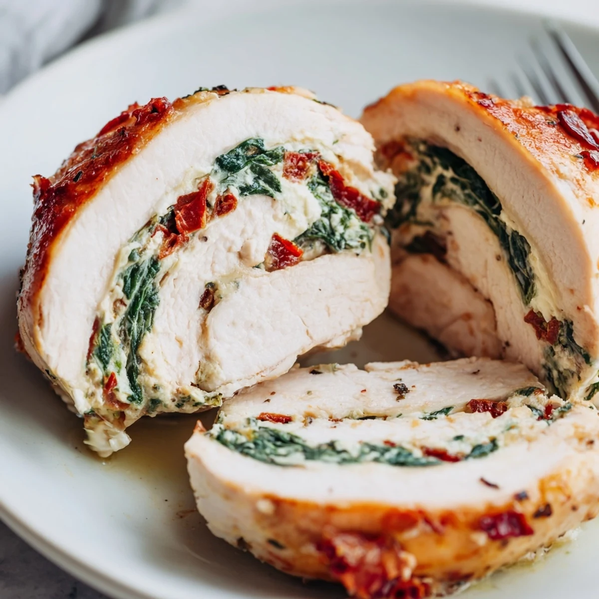 Herb-garnished Cheesy Spinach Stuffed Chicken Sun Dried Tomato Flavor served hot