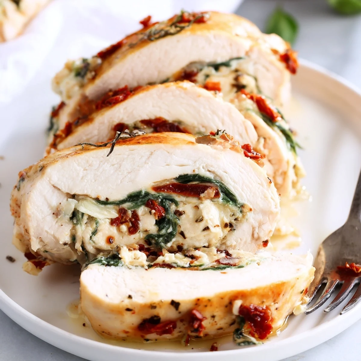 Baked Cheesy Spinach Stuffed Chicken Sun Dried Tomato Flavor with crisped edges
