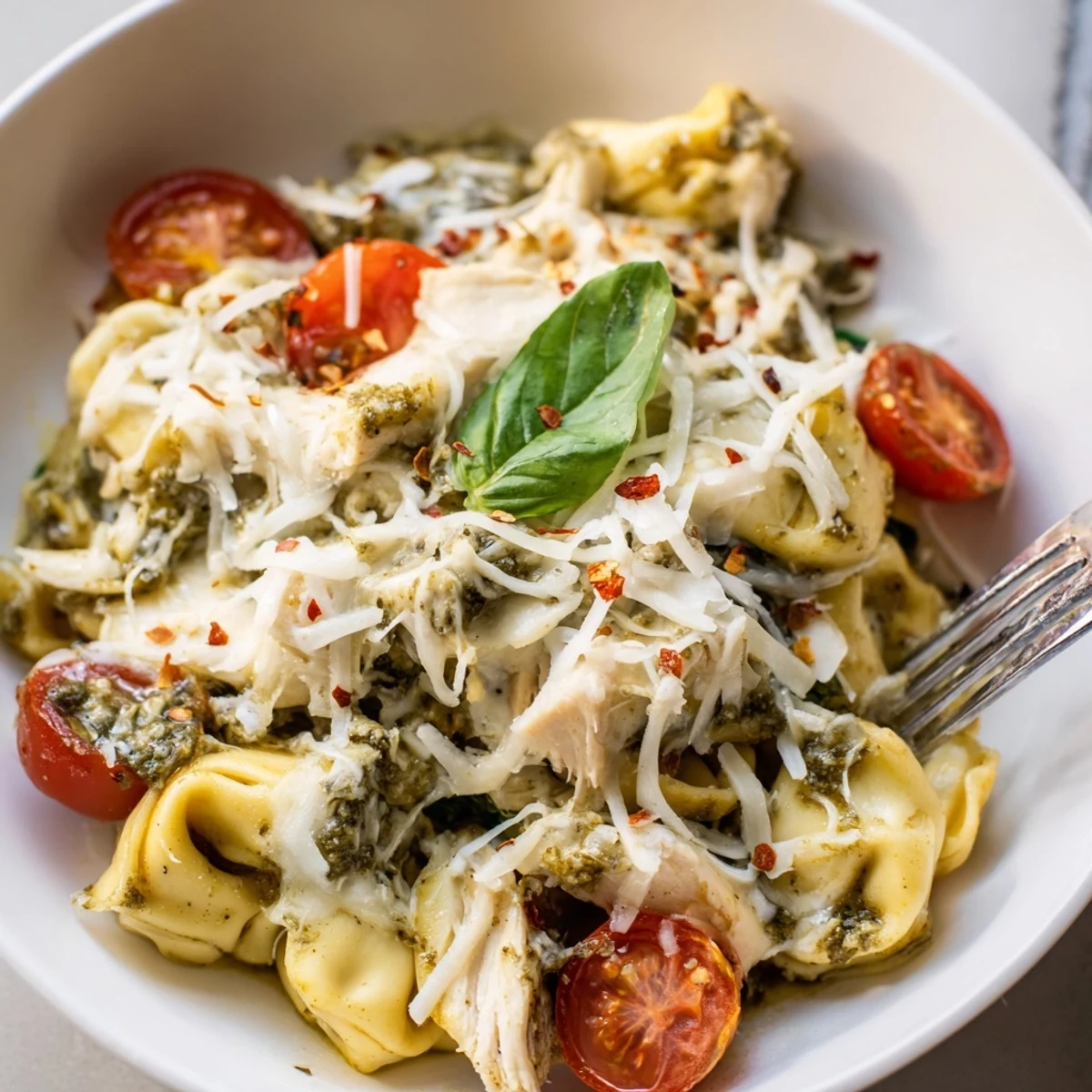 Slow Cooker Tortellini Casserole With Cheesy Chicken Pesto bubbling, creamy, ready for family dinner.