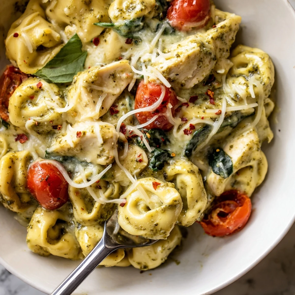 Warm Slow Cooker Tortellini Casserole With Cheesy Chicken Pesto served with crusty bread.