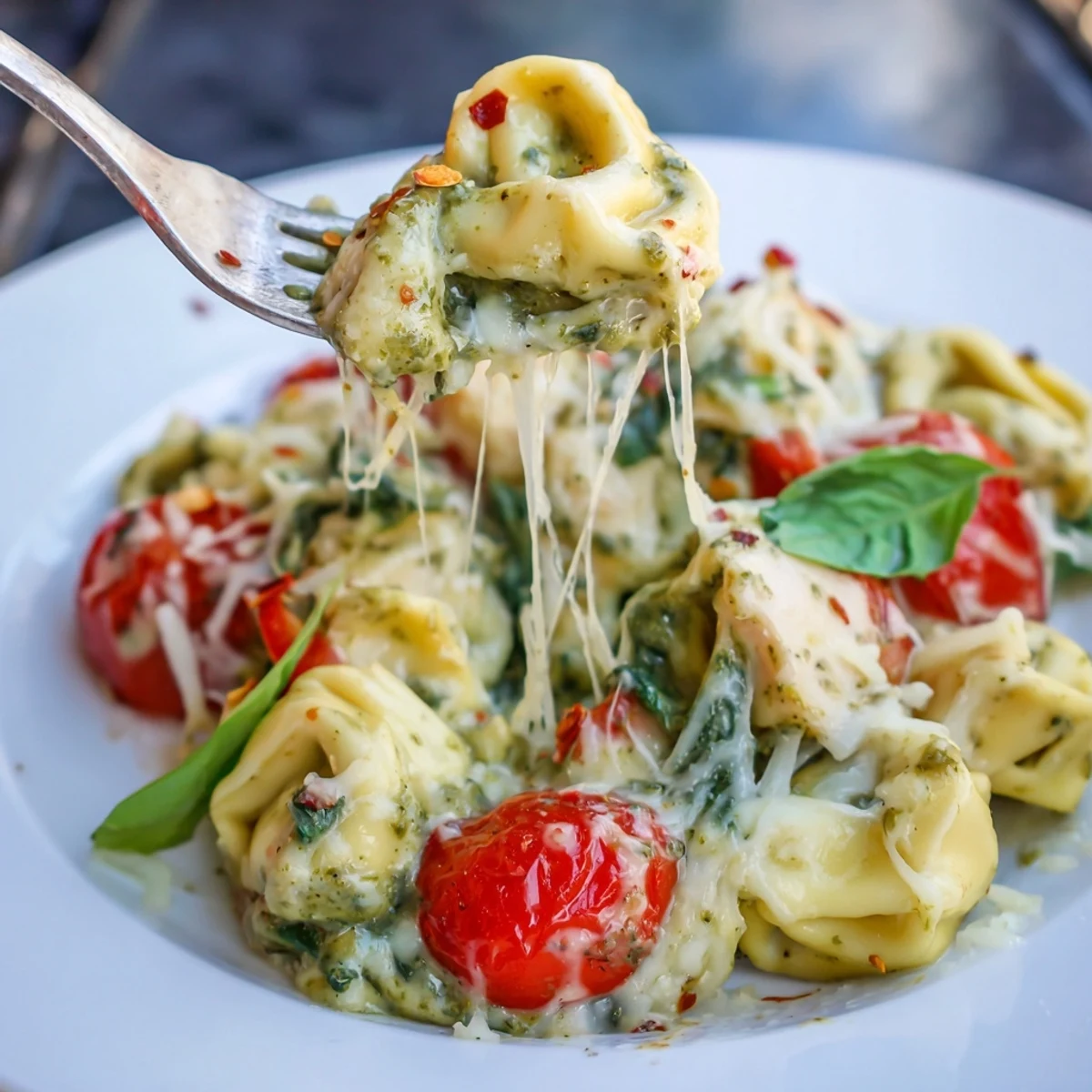 Slow Cooker Tortellini Casserole With Cheesy Chicken Pesto, oozy melted cheese and basil.
