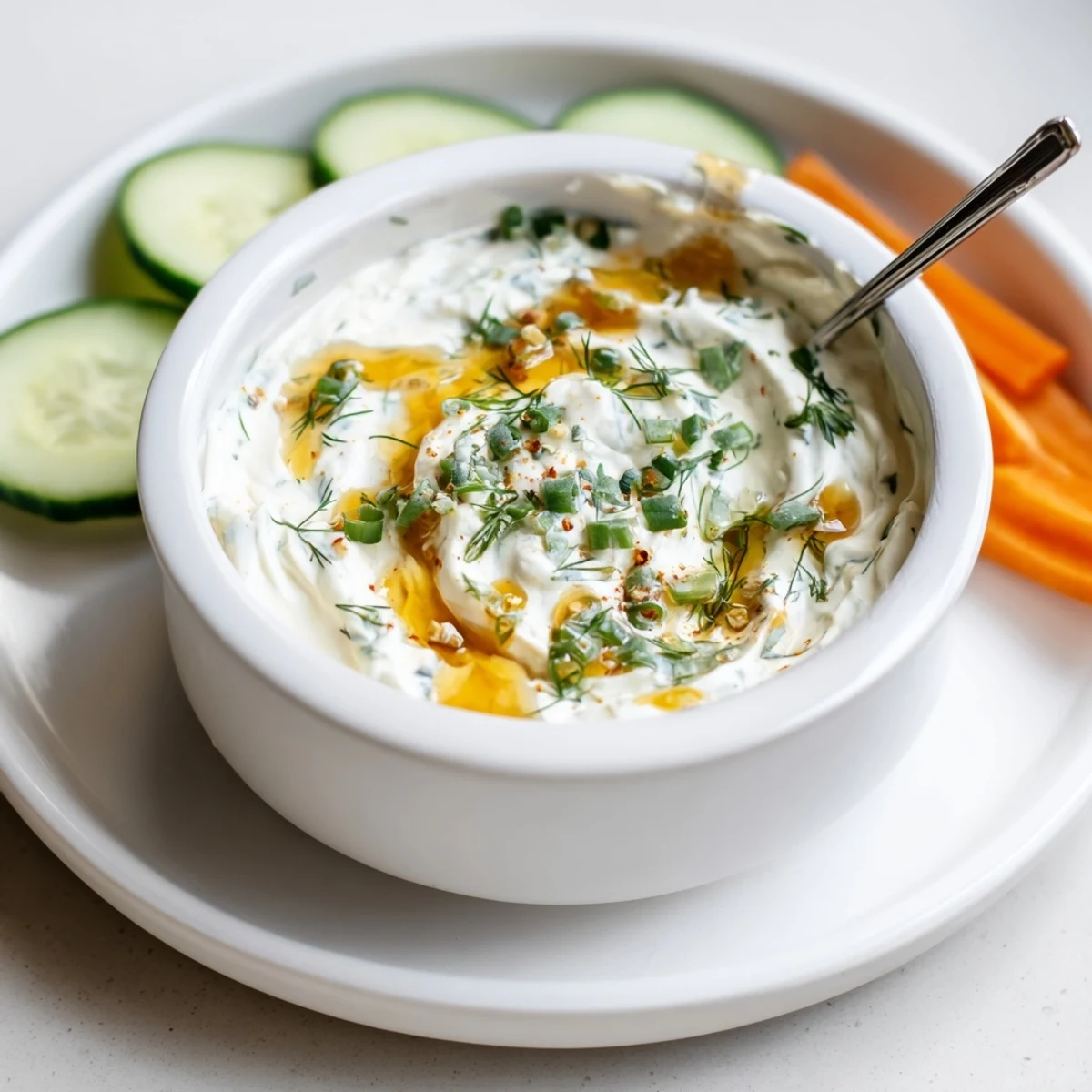 Creamy, tangy Hot Honey Ranch Dip drizzled with extra hot honey, garnished with chives
