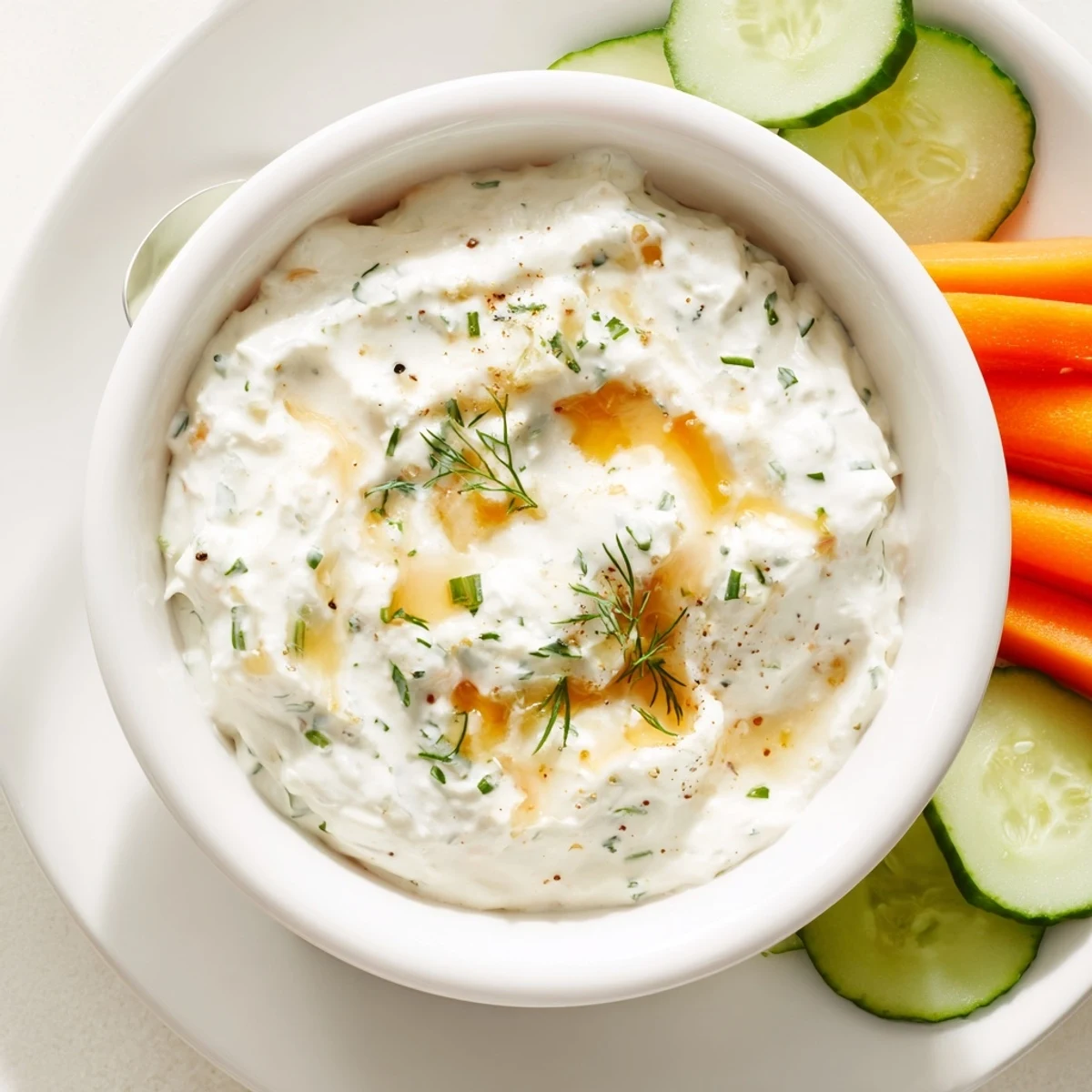 Chilled Hot Honey Ranch Dip in a bowl alongside crisp vegetables for dipping