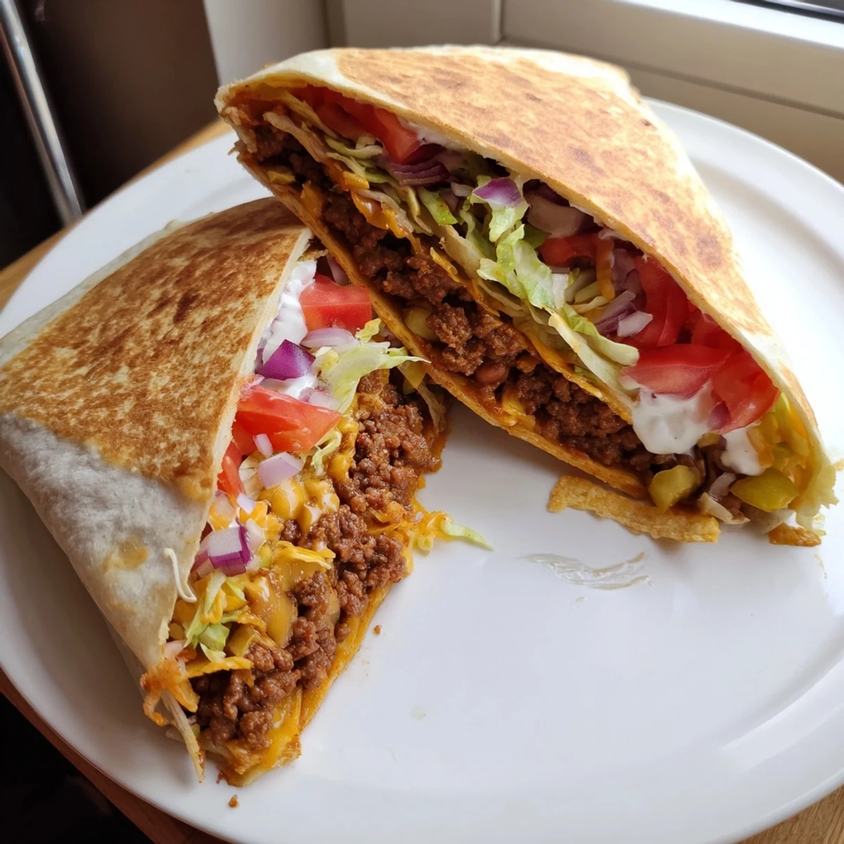 Ultimate Cheesy Beef Crunch Wraps halved, gooey cheddar oozing, crisp toasted tortilla
