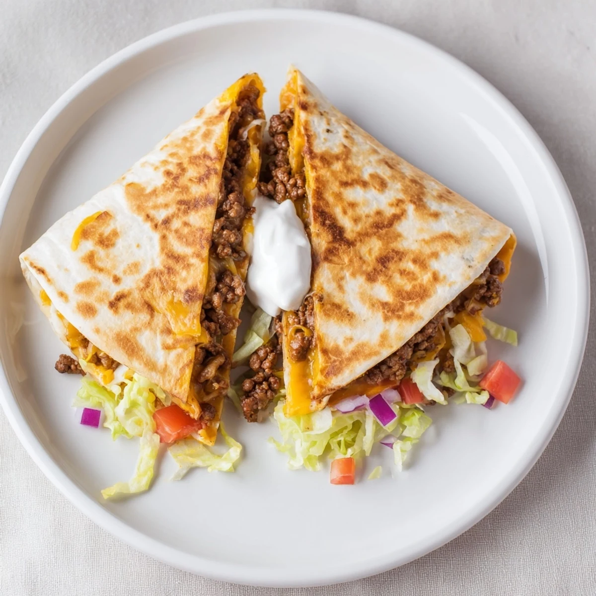 Plate of Ultimate Cheesy Beef Crunch Wraps with fresh salsa and sour cream