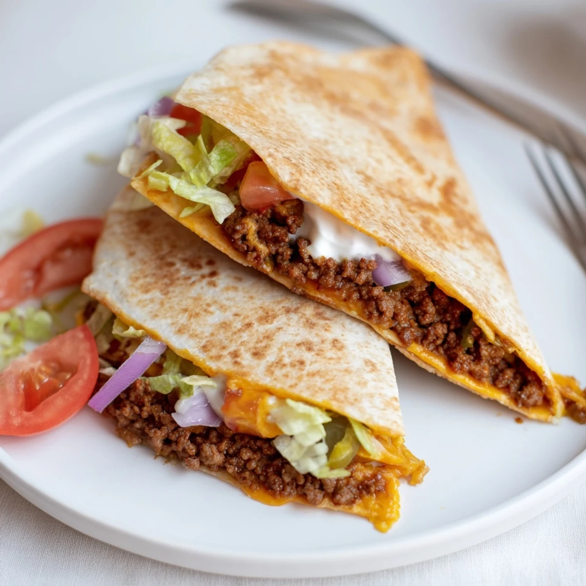 Griddle-seared Ultimate Cheesy Beef Crunch Wraps showing crunchy tostada layer, steaming