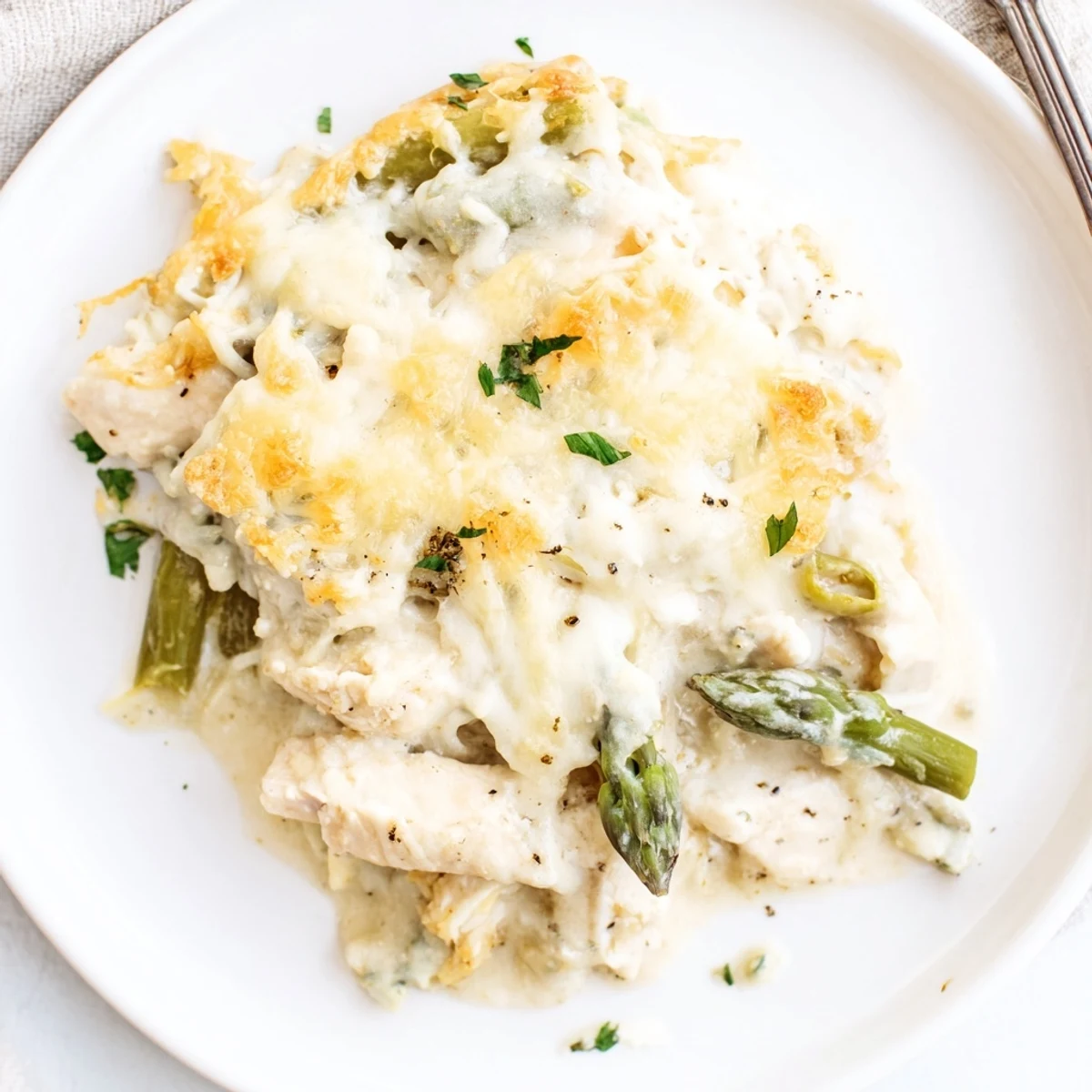 Golden, bubbling Creamy Chicken Asparagus Bake topped with melted mozzarella and parsley