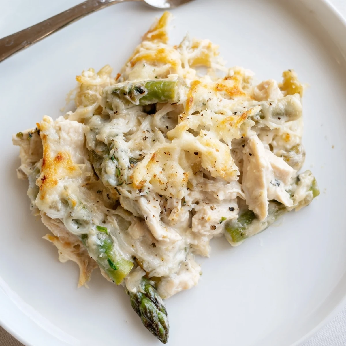 Skillet-simmered Creamy Chicken Asparagus Bake, aromatic garlic and bubbling cream sauce