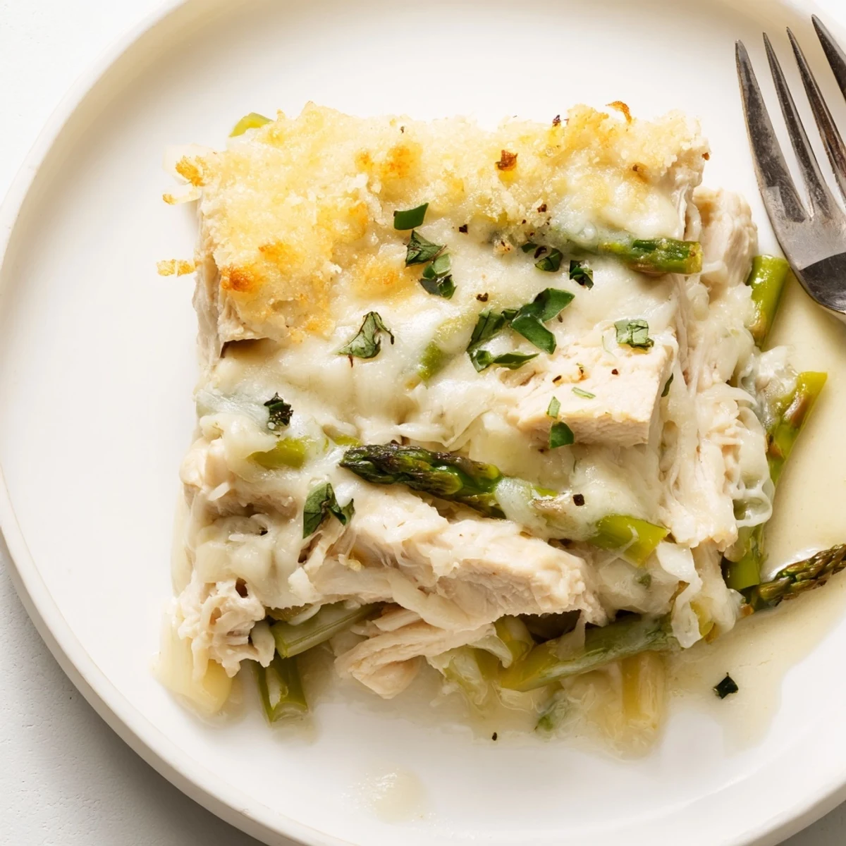 Serve warm Creamy Chicken Asparagus Bake over rice with a crisp green salad