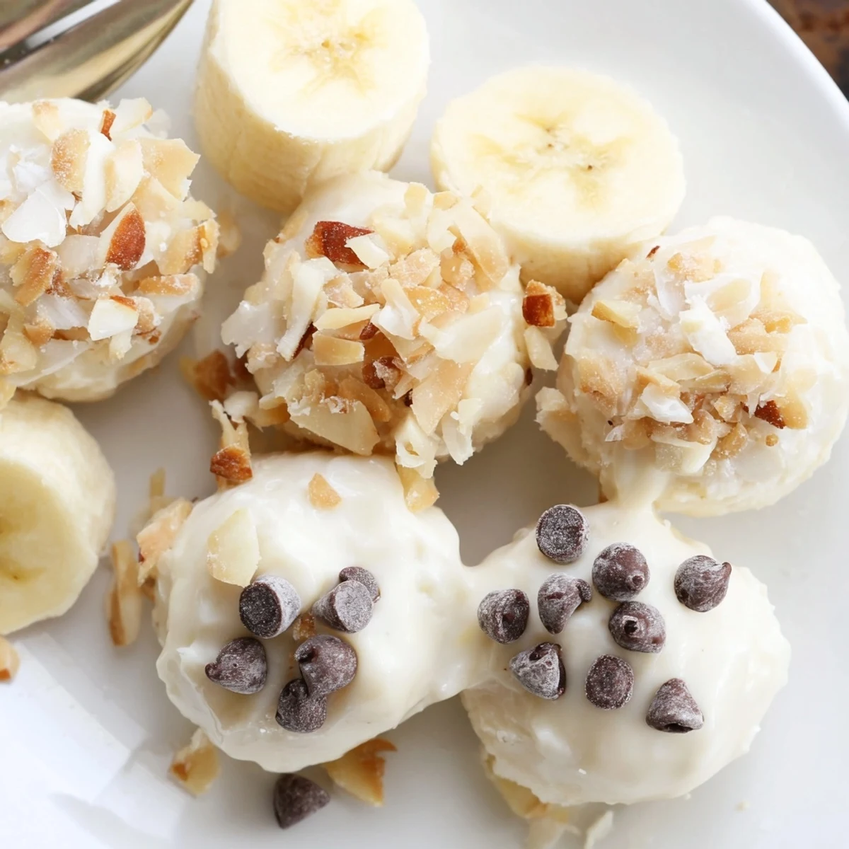 Frozen Banana Yogurt Bites on parchment, creamy coating and chocolate chip topping