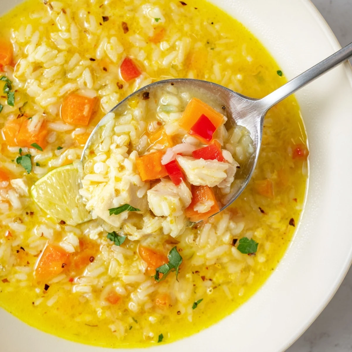 Creamy Golden Coconut Chicken Rice Soup, fragrant turmeric and ginger aromas.