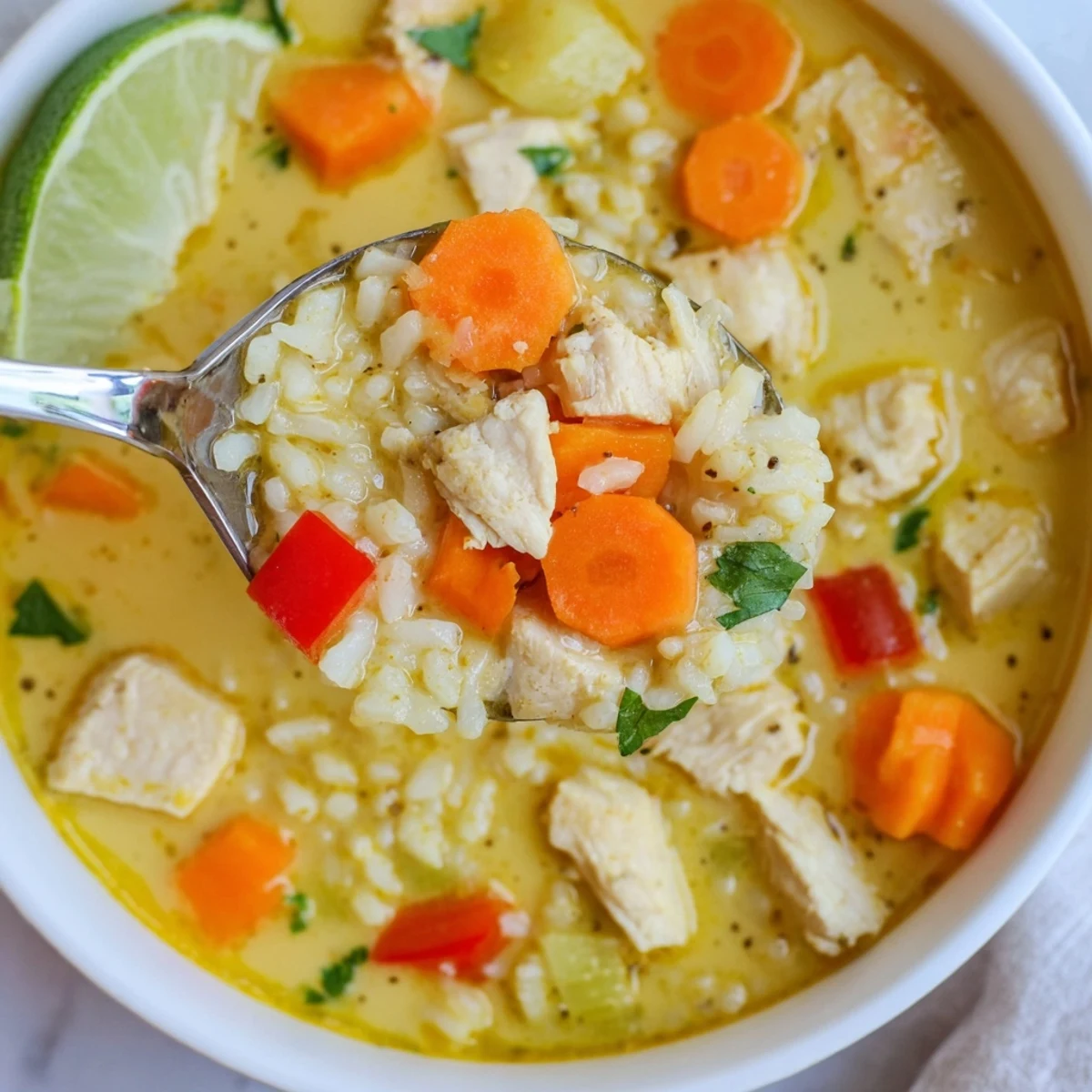 Steaming Golden Coconut Chicken Rice Soup with lime wedges and cilantro garnish.