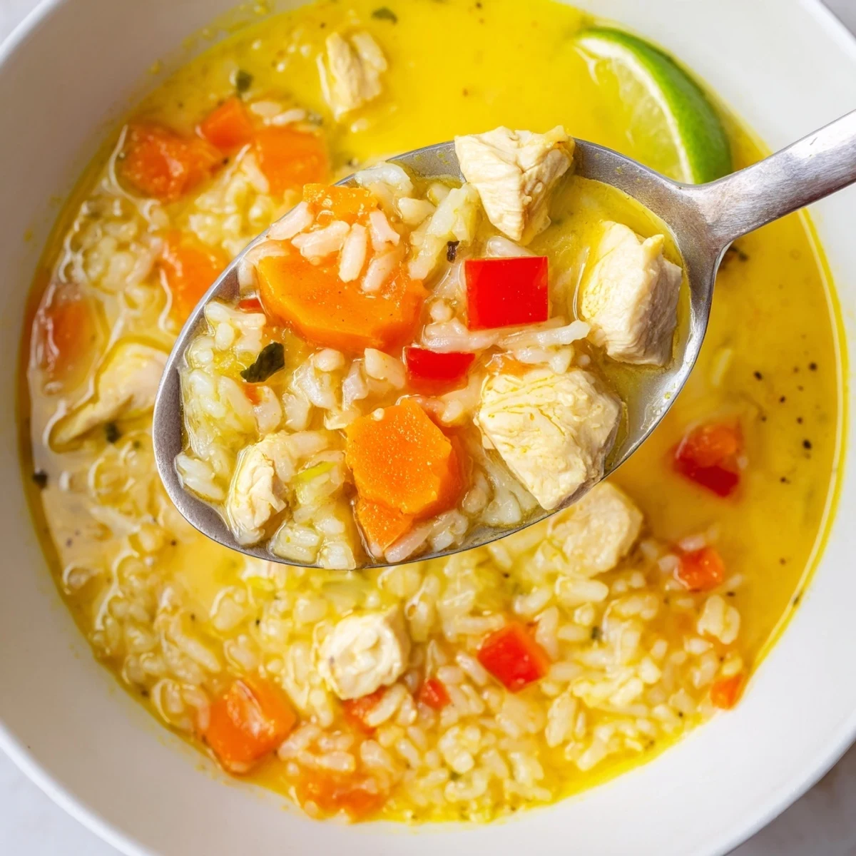 Golden Coconut Chicken Rice Soup ladled from Dutch oven, rich coconut creaminess.