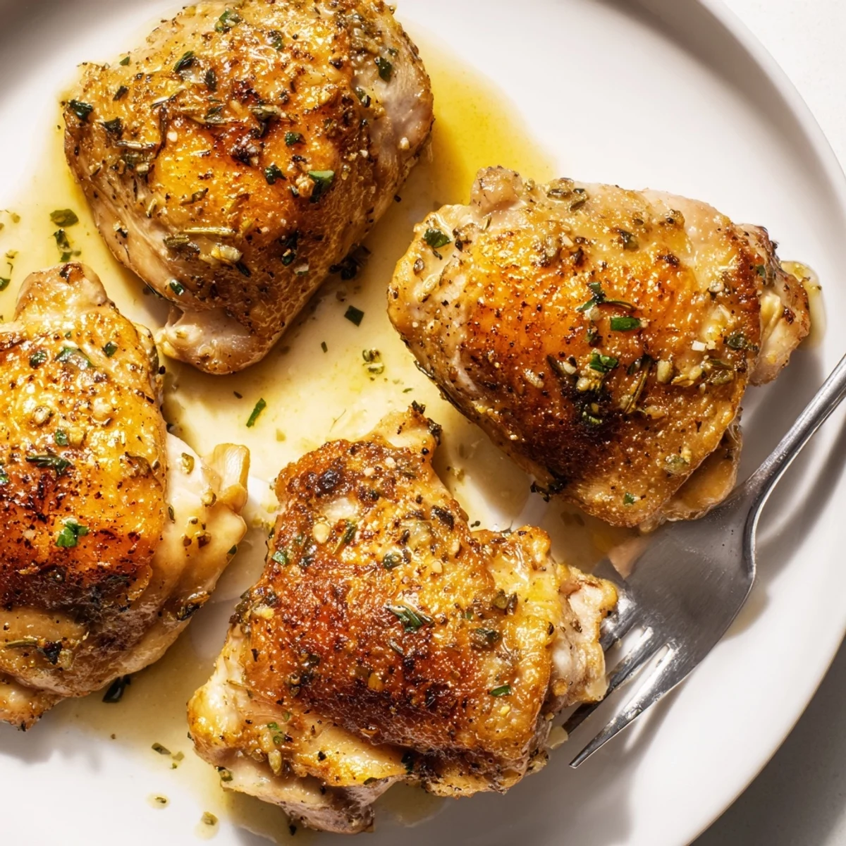 Creamy Garlic Chicken Thighs With Herbs spooned over mashed potatoes, rich creamy sauce  
