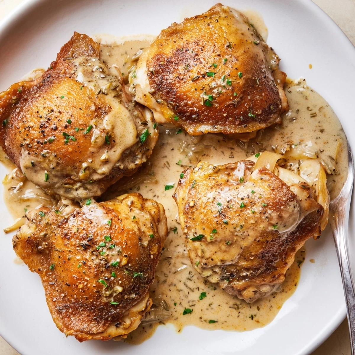 Creamy Garlic Chicken Thighs With Herbs sizzling in skillet, golden skin, fragrant sauce  