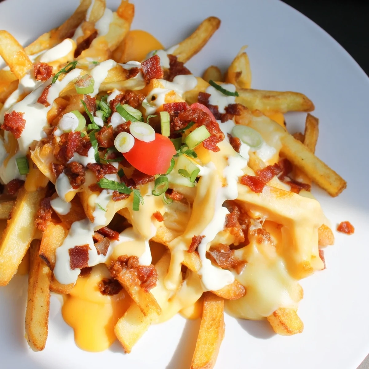 Warm Chorizo Queso Dip Fries served with sour cream and sliced jalapeños