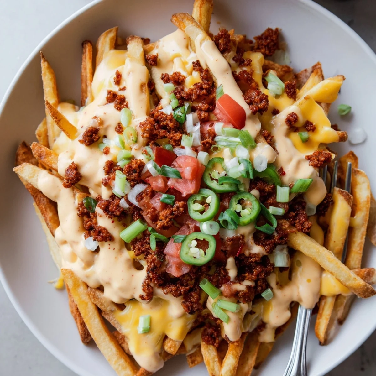 Chorizo Queso Dip Fries piled high, gooey cheese, spicy chorizo crumbles