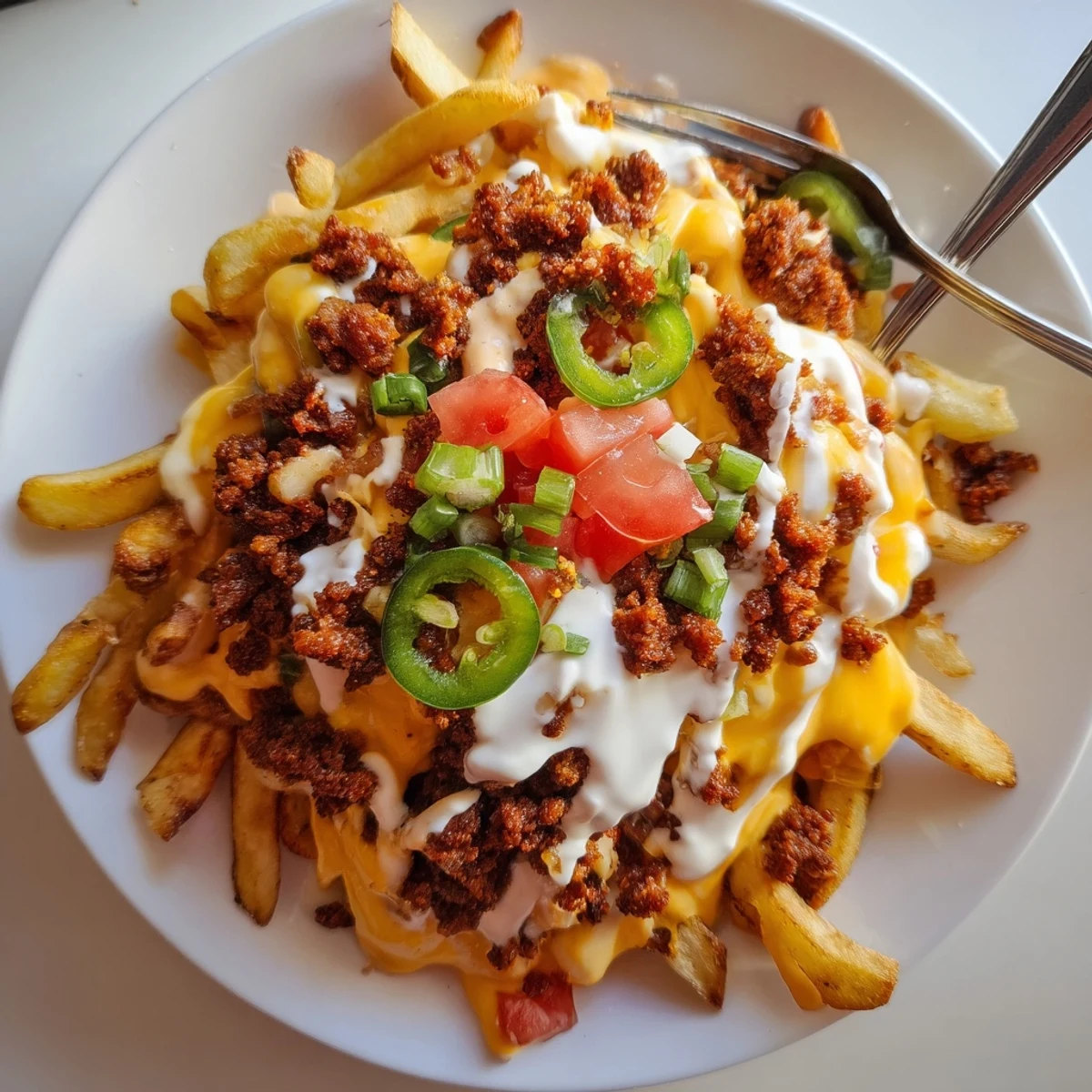 Oven-baked Chorizo Queso Dip Fries, smoky paprika in creamy sauce, scallions