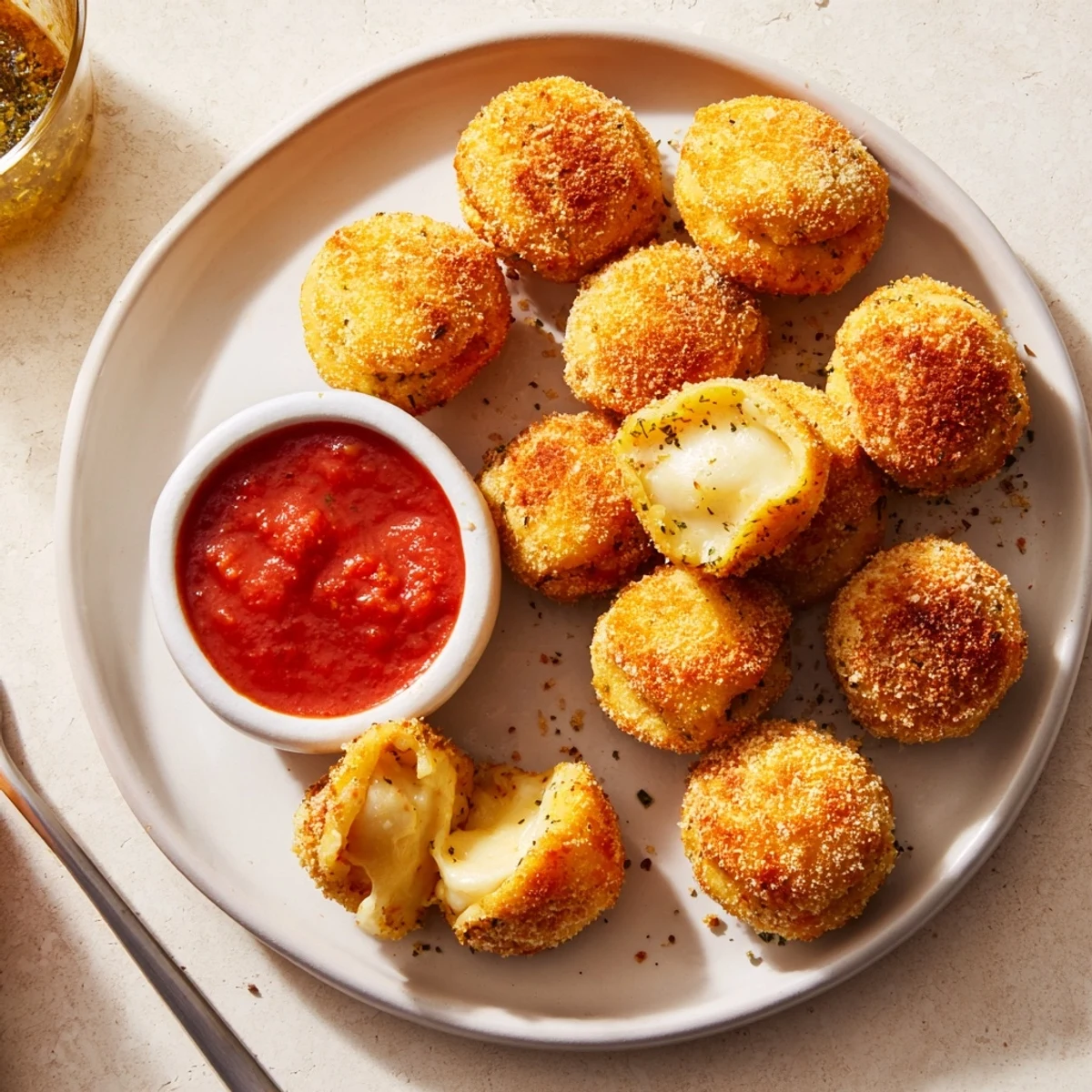 Crispy Tortellini Party Snacks Recipe showing golden, crunchy cheese-filled bites with marinara