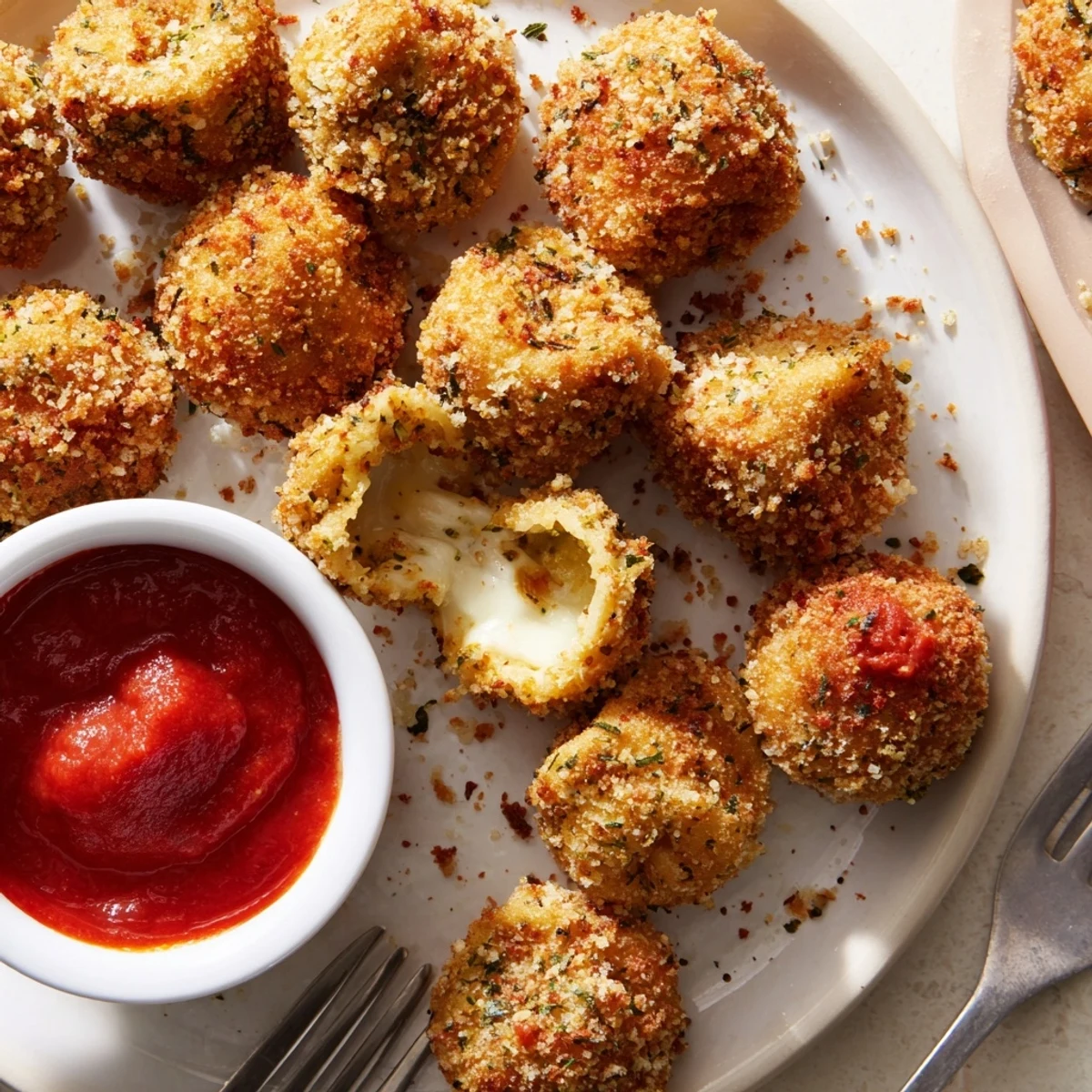 Close-up of Crispy Tortellini Party Snacks Recipe, golden edges, herb-scented Parmesan crust