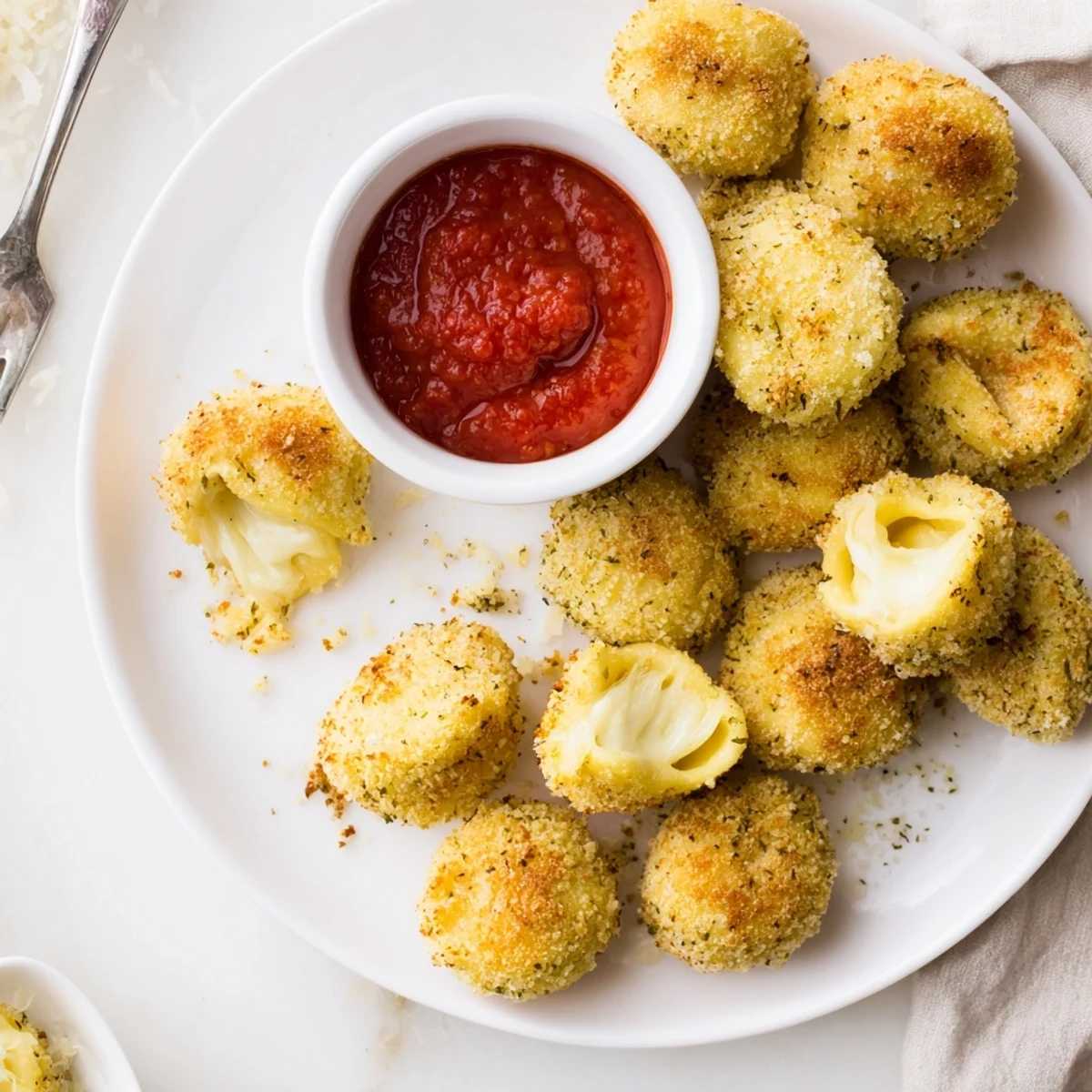 Plate of Crispy Tortellini Party Snacks Recipe, steaming, breadcrumb-crisped, served with dipping sauce